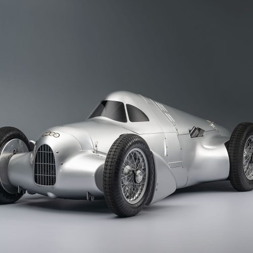 Audi recreated the Auto Union Lucca. After just over three years of construction, the record-breaking car was completed in early 2026. Studio shot of the Avus configuration of the car. Side view.