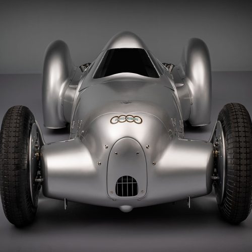 Audi recreated the Auto Union Lucca. After just over three years of construction, the record-breaking car was completed in early 2026. Studio shot. Front view.