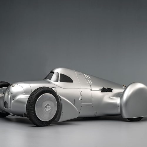 Audi recreated the Auto Union Lucca. After just over three years of construction, the record-breaking car was completed in early 2026. Studio shot. Side view.