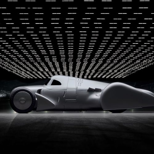 Audi recreated the Auto Union Lucca. After just over three years of construction, the record-breaking car was completed in early 2026. Studio shot. Side view.