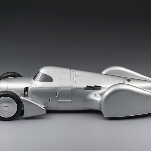 Audi recreated the Auto Union Lucca. After just over three years of construction, the record-breaking car was completed in early 2026. Studio shot. Side view.