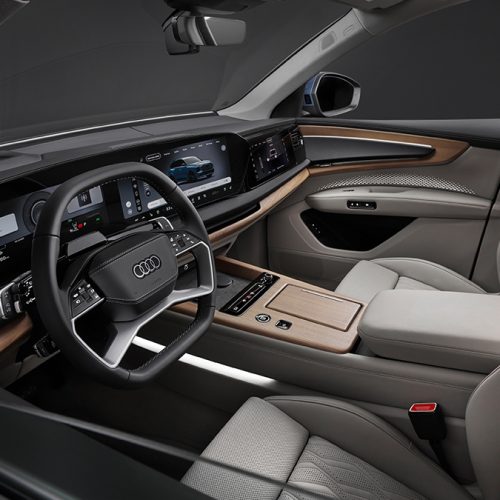 Alopias blue metallic, studio photo, interior, front seats and steering wheel