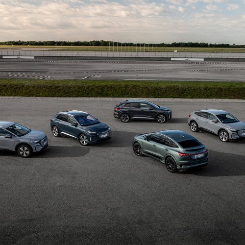Group shot of the Audi Q4 SUV e-tron and Audi Q4 Sportback e-tron, outdoor static shot, exterior.